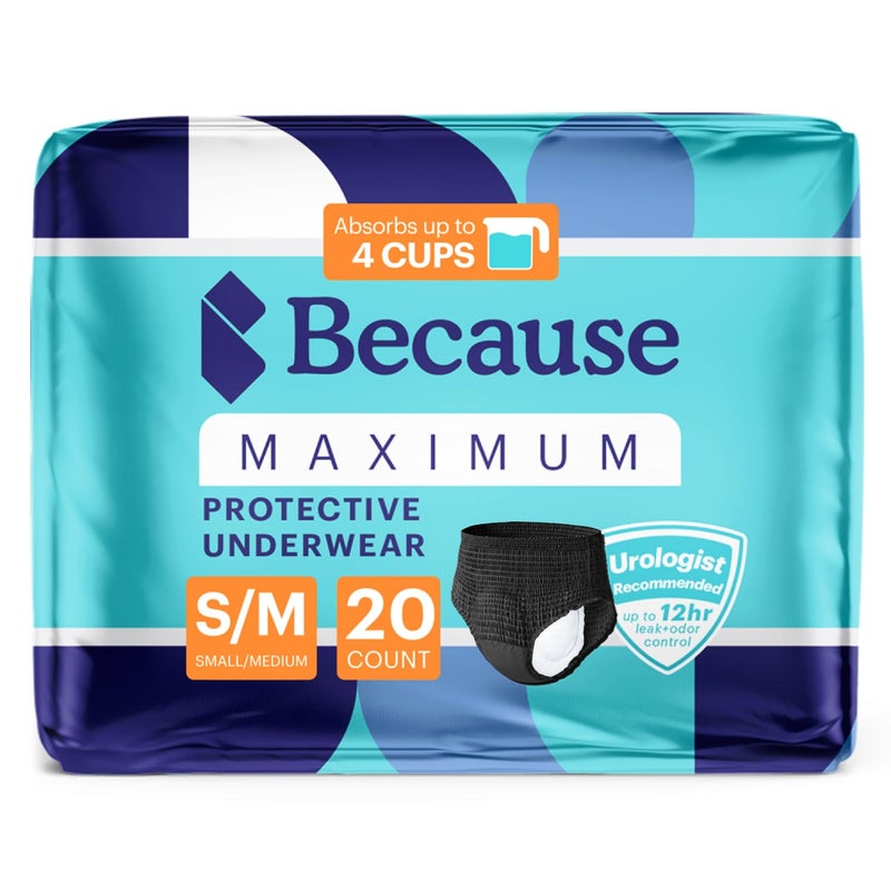 Because Premium Maximum Absorbency Adult Incontinence and Postpartum Bladder Leak Underwear for Women Heavy Absorbency Disposable Black SmallMedium 20 Count